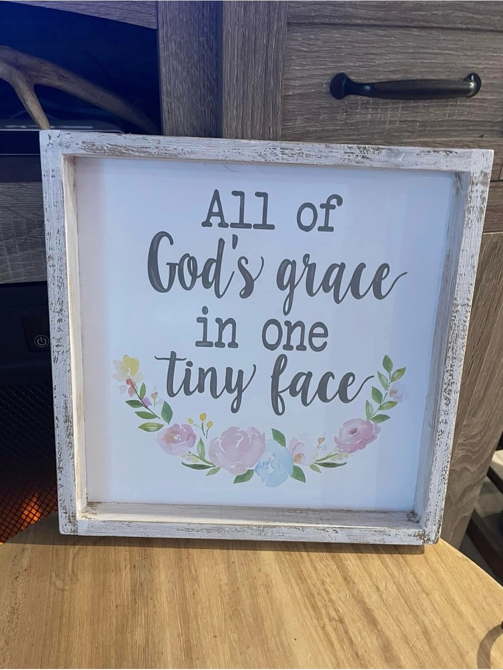 Rustic White Framed Wall Sign - "All of God's grace in one tiny face" nursery